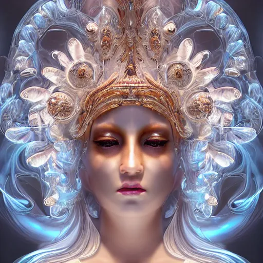 Image similar to highly detailed digital painting of a beautiful goddess by wlop, bright light emerging from her eyes, wearing venetian woman mask, sculpted in white opalescent marble, with lots of thin ornaments, disolving with a luminous background, curves and chaotic fractal art inlays, intricate, 8 k, white box, cinematic light, high aperture, background atmospheric effects