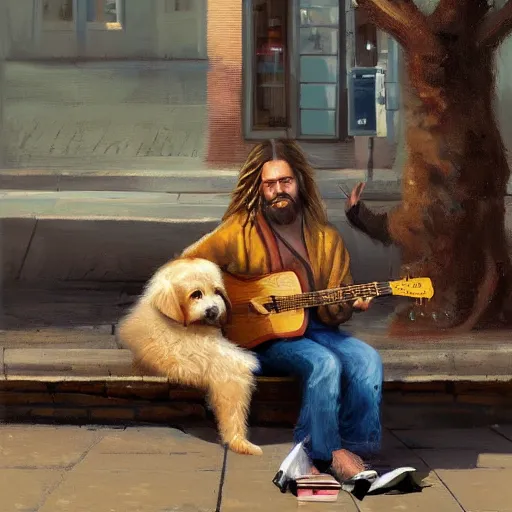 Image similar to oil painting of a young man with long hair blond and a beard hippie style with his golden retrever dog playing guitar in the square for money, people watching around, by greg rutkowski, artstation