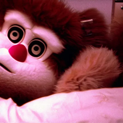 Prompt: wide cinematic shot of a giant obese furby lying in a hospital bed getting open - heart surgery in an operating room in a dank north korean hospital, surrounded by two surgeons directed by david lynch, vhs copy film grain 3 5 mm