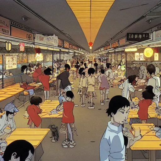 Image similar to a hawker centre, by satoshi kon