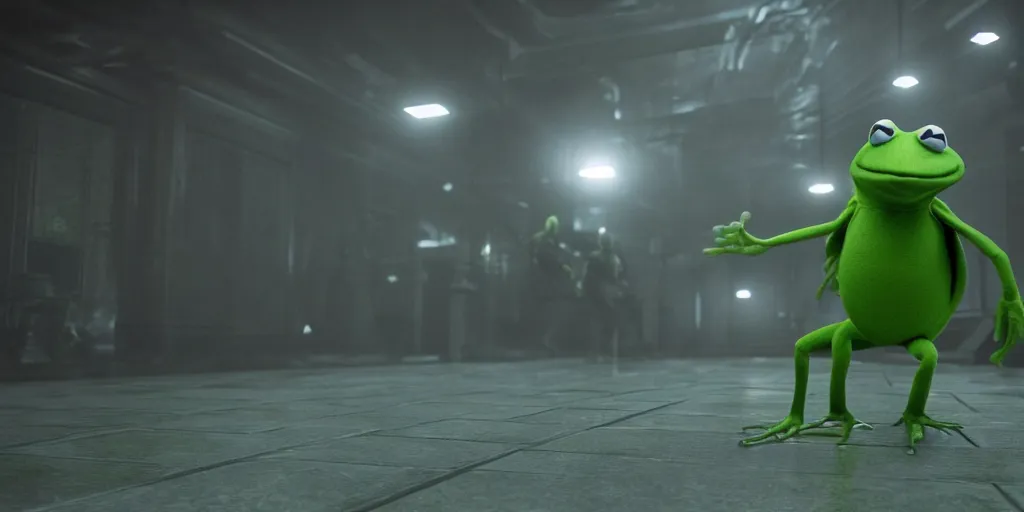 Image similar to the matrix starring kermit the frog dimly lit, unreal engine, octane render, 8 k