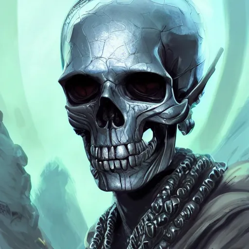 Image similar to a silver skull face african necromancer, Apex Legends character digital illustration portrait design, by android jones, detailed, cinematic lighting, wide angle action dynamic portrait