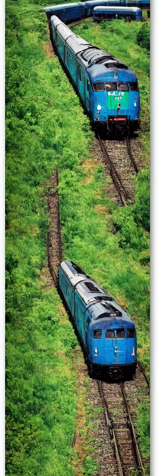 Prompt: blue and green train in the country, vintege poster,