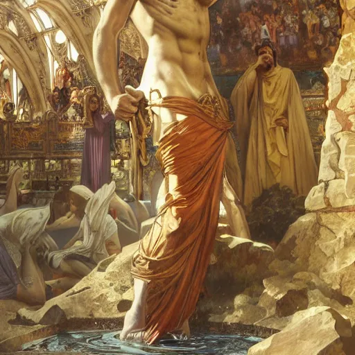 Image similar to a detailed picture of jesus cleansing the temple, thrown tables, scattered gold coins, fleeing merchants, fantasy, intricate, elegant, highly detailed, digital painting, artstation, matte, sharp focus, illustration, art by john collier and albert aublet and krenz cushart and artem demura and alphonse mucha