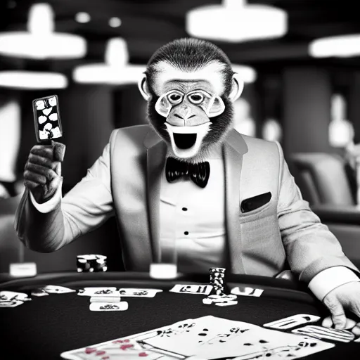 Image similar to monkey in a suit smoking a cigar and playing poker in a casino, 5 0 mm, black and white photo, octane render, realistic