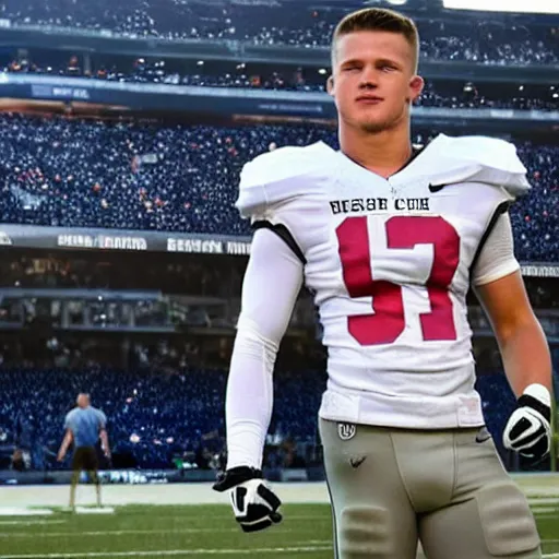 Image similar to “ a realistic detailed photo of a guy who is an attractive humanoid who is half robot and half humanoid, who is a male android, football player christian mccaffrey, shiny skin, posing like a statue, blank stare, on the field, on display ”