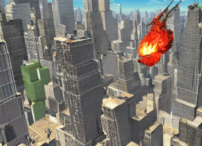 Prompt: giant ant destroying new york, fire, flames, edf earth defense force