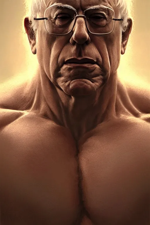 Image similar to portrait of a president bernie sanders posing ultra realistic illustration, a hulking herculean gigachad, bulging muscles, intricate, highly detailed, digital painting, artstation, radiant light, caustics, war hero, concept art, smooth, sharp focus, by gaston bussiere, bayard wu, giger, maxim verehin