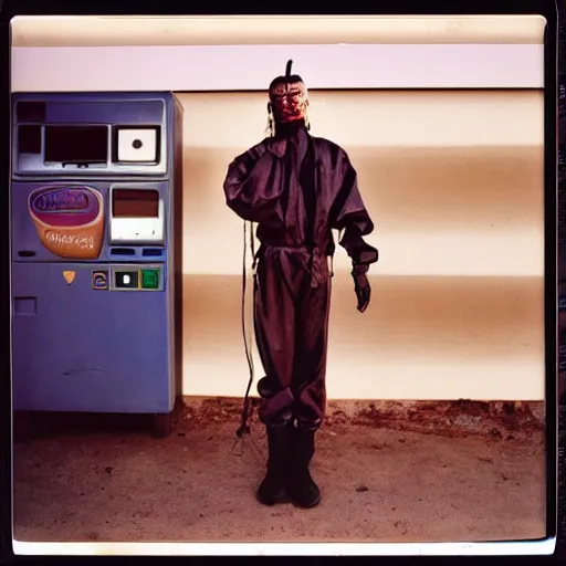 Image similar to a mongolian cyborg at a gas station, 9 0 s polaroid, by jamel shabbaz, robert mapplethorpe, davide sorrenti