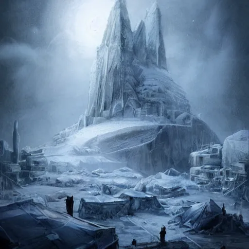 Image similar to ice city in 2 0 8 0, antarctica, technology, fantasy, landscape, 4 k, baptiste monge!!!!!!!!!!!!!!!!!!!!!, dark mood!!! overdetailed art