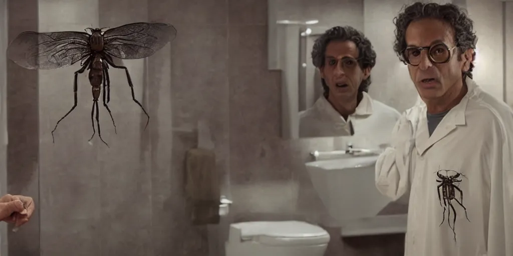 Image similar to ultra wide angle photo of jeff goldbloom dressed as seth brundle is looking at himself in a bathroom mirror and seeing his reflection as the fly, a mutated insect version of jeff goldbloom