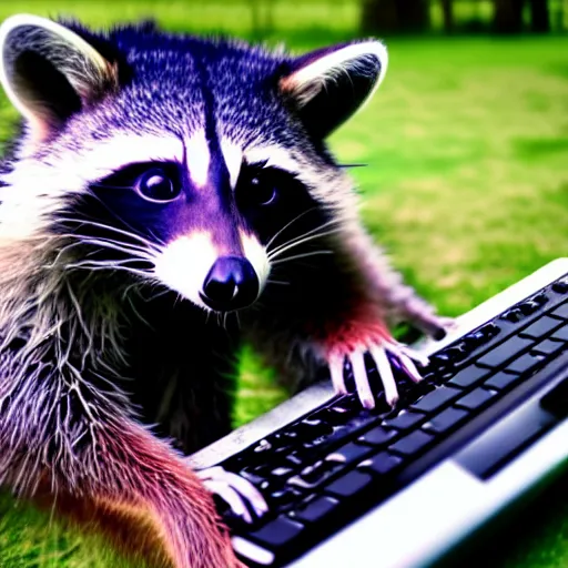 Image similar to photograph of a racoon using a computer, filmic, cinematographic