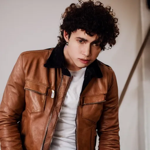 Prompt: a young man with a white shirt, brown leather jacket, ripped jeans, and curly hair inside of the backrooms, 4k realistic photo