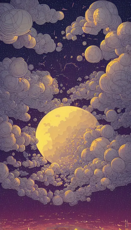 Image similar to harvest moon floating on cosmic cloudscape full of million tiny lanterns, futurism, dan mumford, victo ngai, kilian eng, da vinci, josan gonzalez