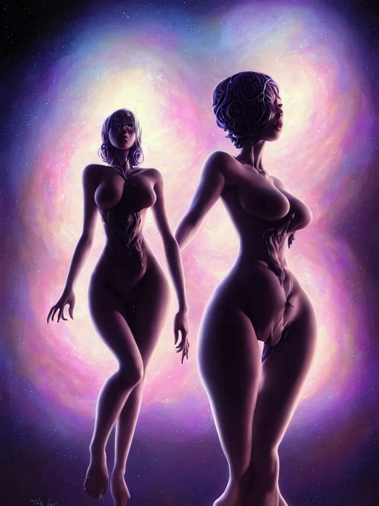 Image similar to azathoth girl, seductive pose, dress made of the milky way, full body, occlusion shadow, specular reflection, rim light, unreal engine, artgerm, artstation, art by hiroaki samura and ilya kuvshinov and ossdraws, intricate, highly detailed 8 k, cosmic horror illustration, extremely beautiful shape of face and body