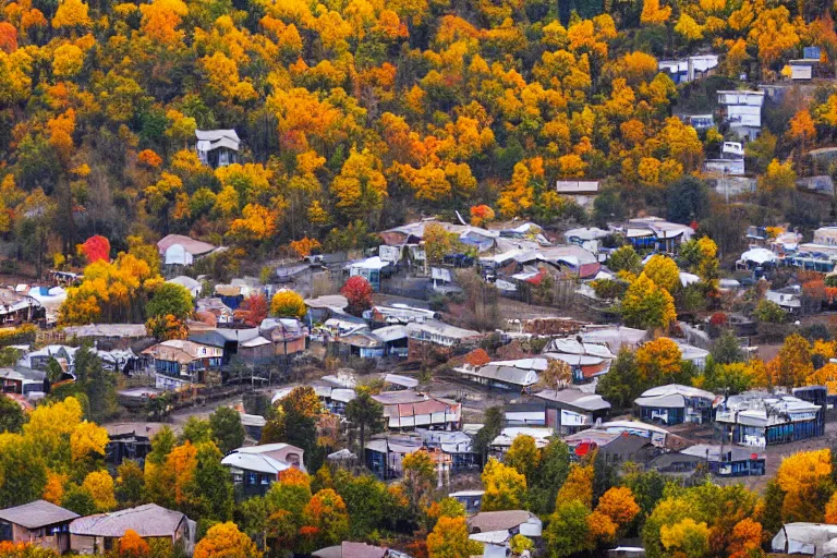 Image similar to warehouses lining a street, with an autumn mountain directly behind it. radio tower on the mountain, lens compression. photography