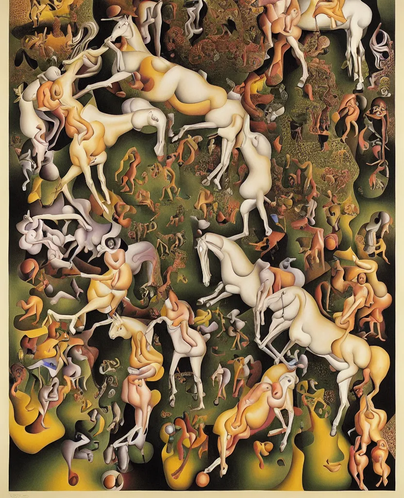 Prompt: the three fates and their horses | pain, pleasure, suffering, adventure, love, life, afterlife, souls in joy and agony disaster, | Japanese pop-surrealism | miracle, love | abstract oil painting, gouche on paper by MC Escher and Salvador Dali on LSD |