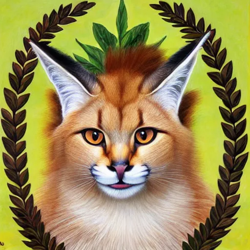 Image similar to fullbody portrait of cute fluffy caracal with laurel wreath on his head, chaplet on head, illustration, high detail, francine van hove