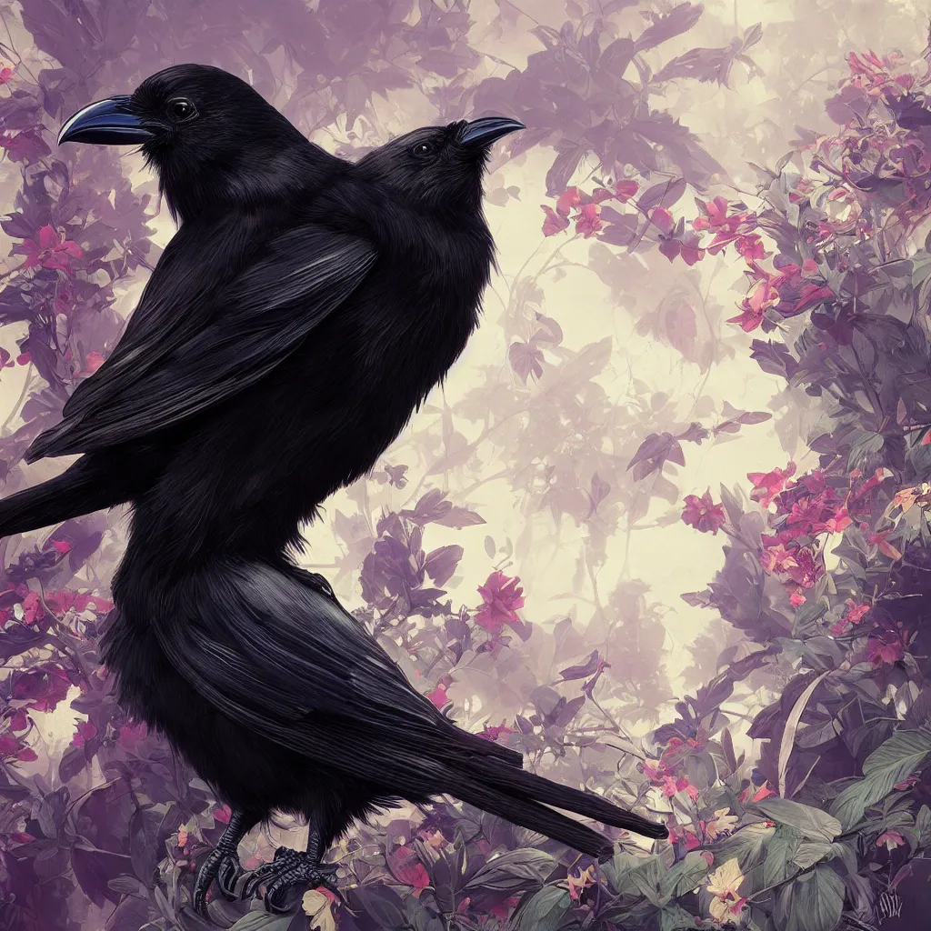 Prompt: beautiful black raven bird with ornate headgear, cute, intricate, highly detailed, digital painting, trending on artstation, concept art, smooth, sharp focus, backlit, rim light, vivid colors, illustration, unreal engine 5, 8 k, art by rossdraws and alphonse mucha