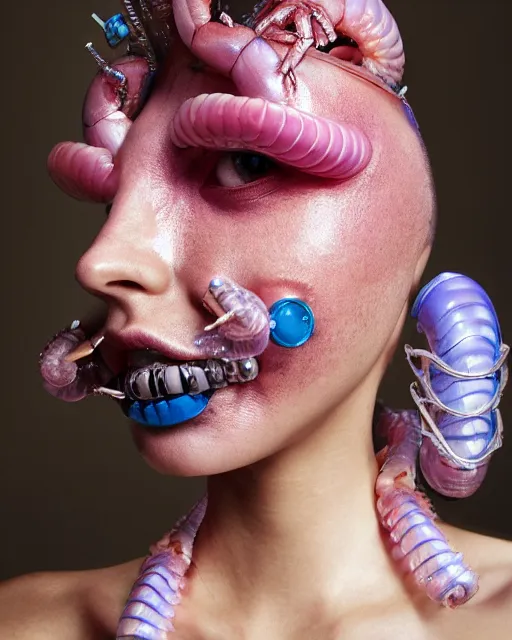 Image similar to natural light, soft focus portrait of a cyberpunk anthropomorphic shrimp with soft synthetic pink skin, blue bioluminescent plastics, smooth shiny metal, elaborate ornate head piece, piercings, skin textures, by annie leibovitz, paul lehr