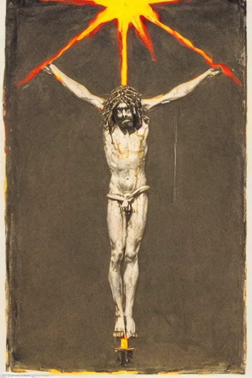 Image similar to bloody jesus christ crucified with a ufo of light right above his head painted by cy twombly and andy warhol