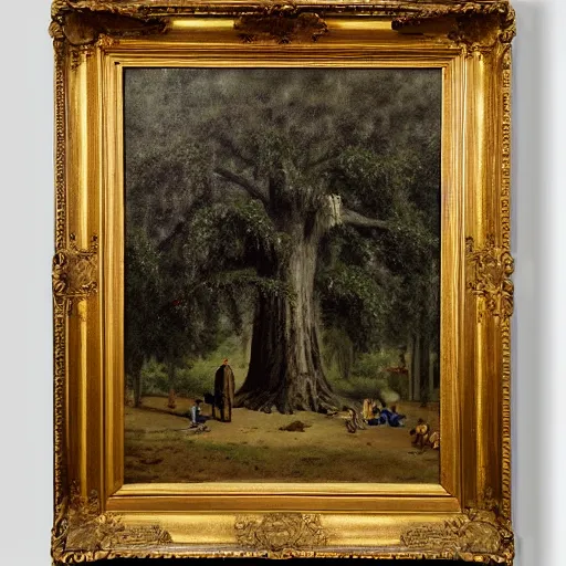 Image similar to huge tree with a lot of hanging bodies, southern gothic art, 1 9 th century scene, painted by friedrich caspar david