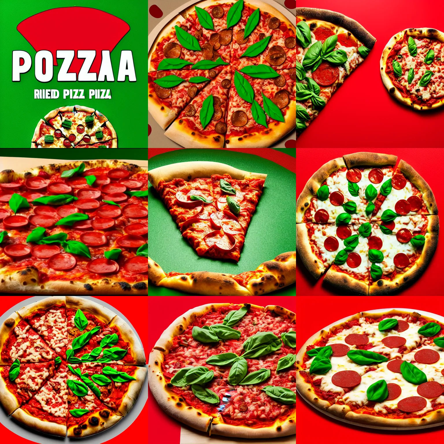Prompt: red background, green - text - word - pizza
