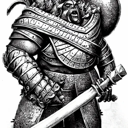 Image similar to ogre warrior wearing plated armor who is holding a battle axe in the style of warhammer fantasy : : head and torso drawing