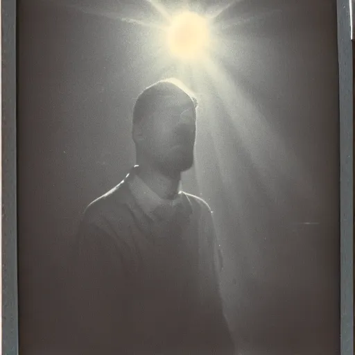 Prompt: wide angle, old polaroid of a man being illuminated by few sun rays, black and white