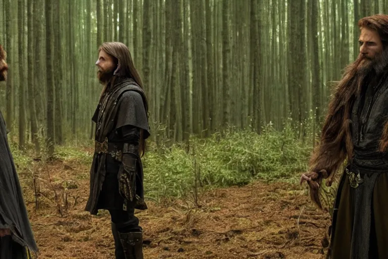 Image similar to still from a fantasy movie, a warlock discussing with another man, forest in the background, muted colors, 8 k, cinematic, very detailed face, hyperrealistic, movie still frame, promotional image, imax 7 0 mm footage