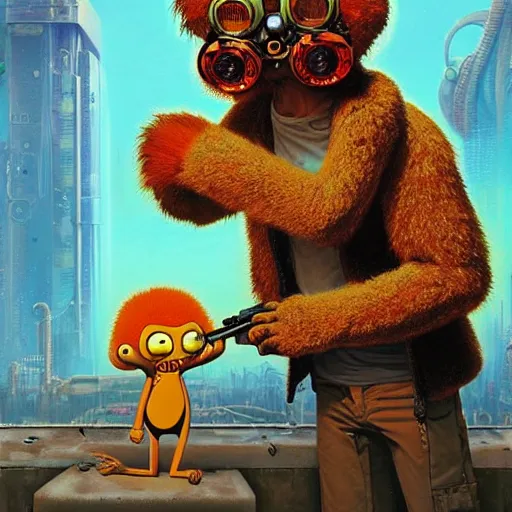 Prompt: cheburashka futurama furry cyberpunk apocalyptic portrait by gaston bussierre and charles vess and james jean and erik jones and rhads, inspired by rick and morty, epic, funny, huge scale, beautiful fine face features, intricate high details, sharp, ultradetailed