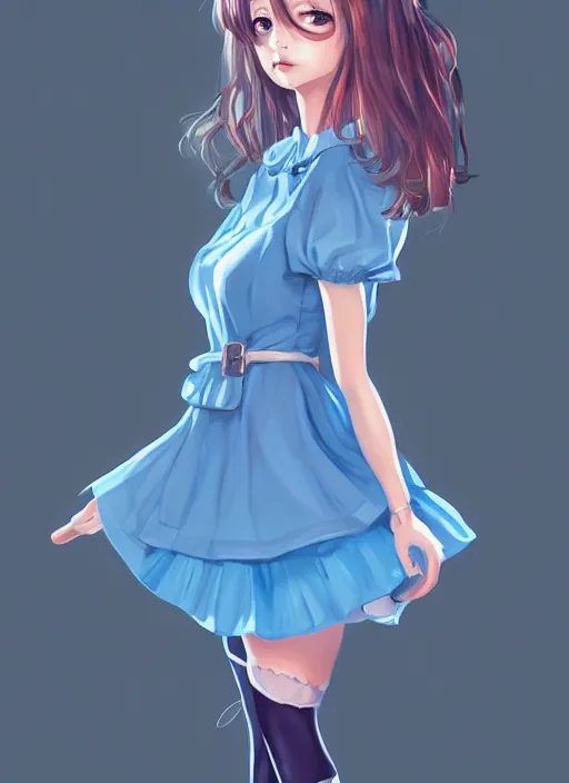 Image similar to a girl wearing a maid dress, blue dress, stripped thigh high, full body shot, highly detailed, digital painting, artstation, concept art, smooth, sharp focus, illustration