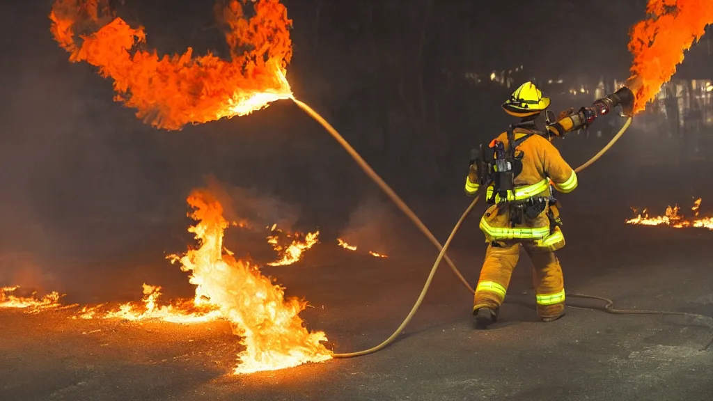 Image similar to photo of a firefighter using a flamethrower projecting a long flame