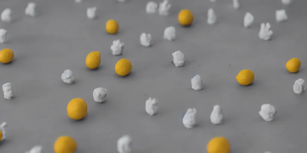 Image similar to a cinematic film still of a claymation stop motion film starring anthropomorphic lemons, shallow depth of field, 8 0 mm, f 1. 8