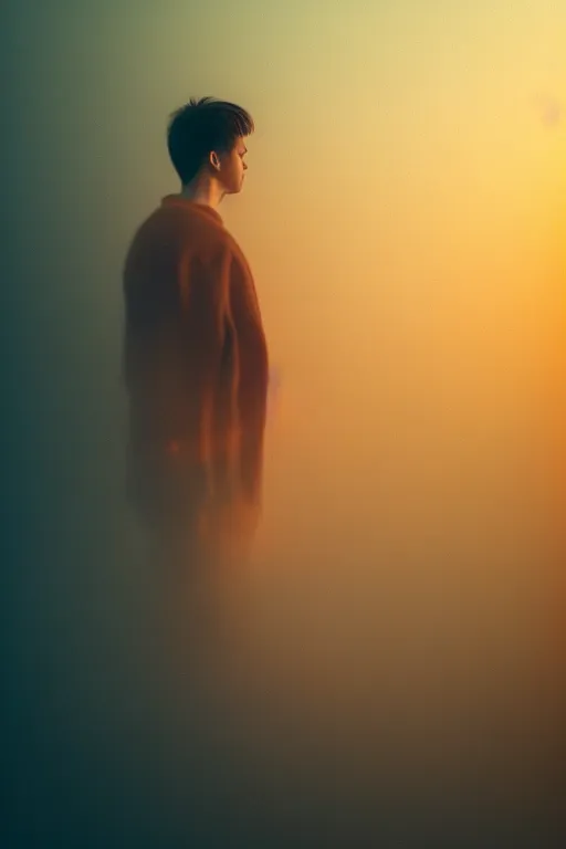 Image similar to a masculine manly man with a vulnerable pose, macro photography, long exposure photograph, surrealism, anamorphic bokeh, cozy, soft light, orange and teal, caustic, atmospheric fog, octane render, cinematic