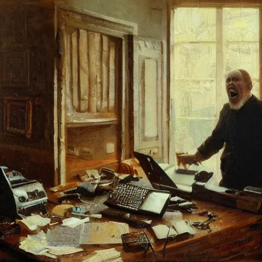 Image similar to an angry man yells at his computer monitor, oil on canvas, 1 8 8 3, highly detailed