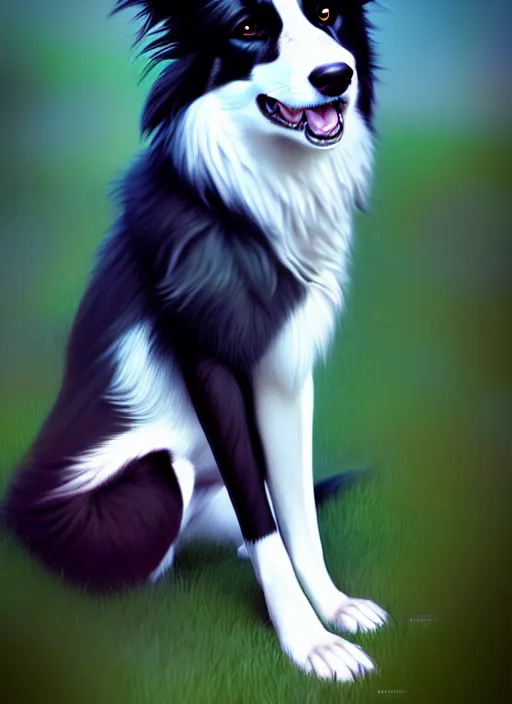 Prompt: wide angle beautiful full body portrait of a cute male anthropomorphic anthro border collie posing in front of a park, character design by charlie bowater, henry asencio, and ross tran, furry art, furaffinity, beautiful, glamor pose, detailed, aesthetic, trending on artstation