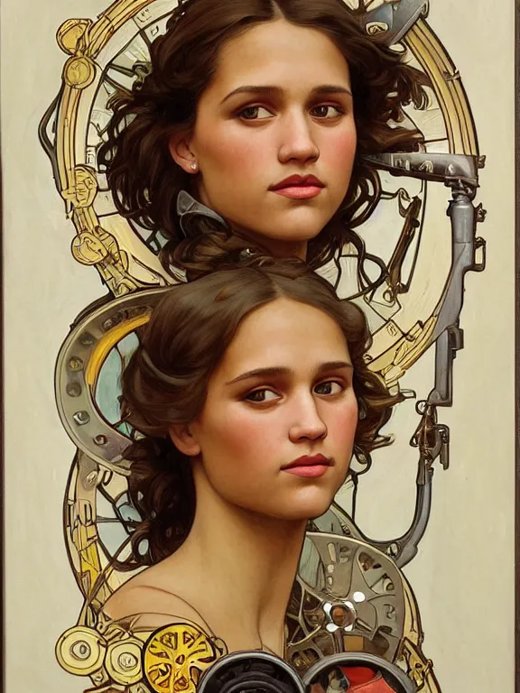 Image similar to an art nouveau style head and shoulders portrait oil painting of a pretty young alicia vikander or jessica alba as a mechanic in a dirty coveralls holding a wrench, in front of a round, complex rotary airplane engine, intricate, detailed, smooth, complex, elaborate, by alphonse mucha and james gurney and john william waterhouse and bouguereau