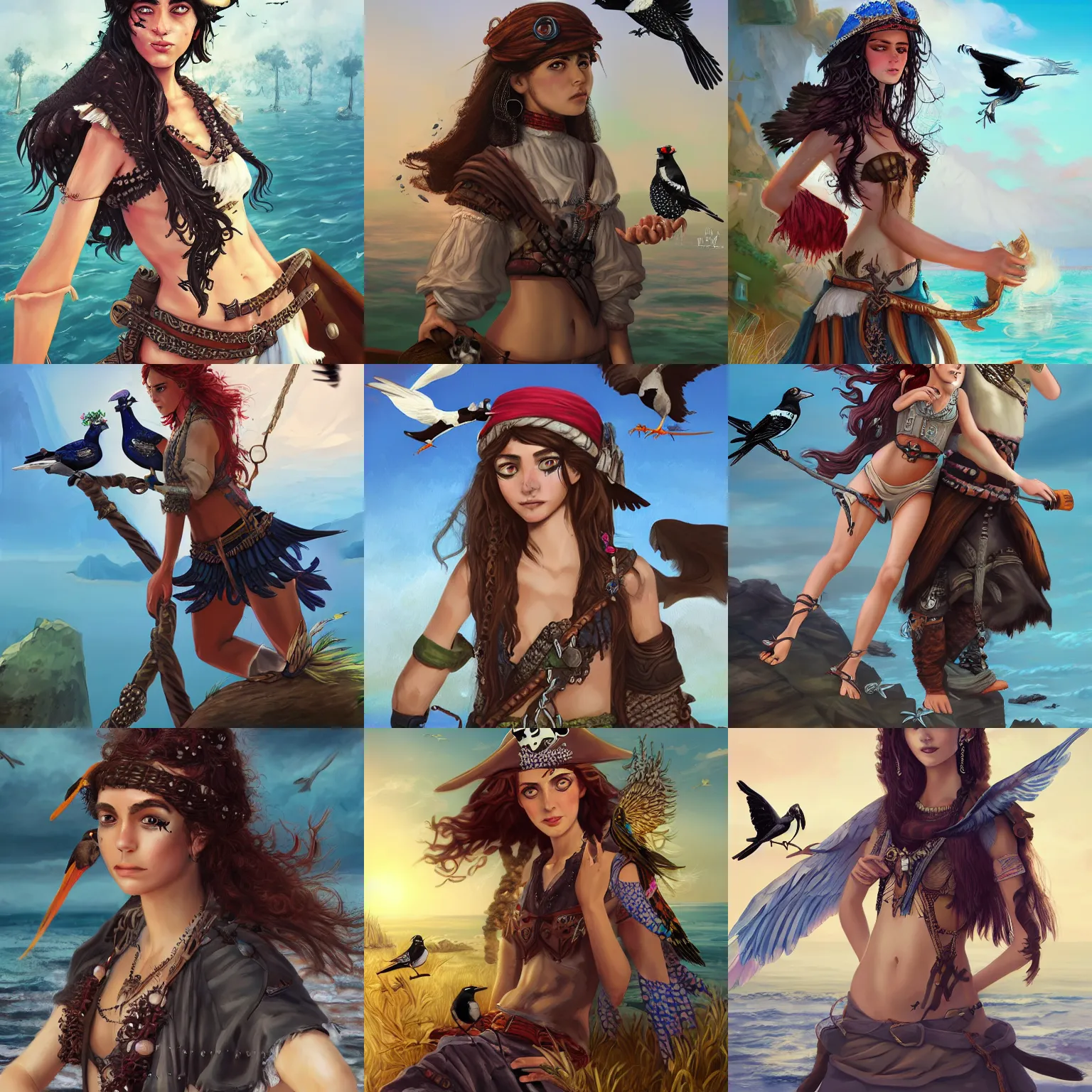 Prompt: freckled mediterranean pirate girl with her pet magpie, seaside backgroud, young adult fantasy novel, art by chengwei pan, art by viktoria gavrilenko, detailed, intricate, trending on artstation