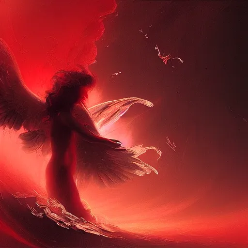 Image similar to a fallen angel in red fluid simulation, painting by ross tran and ivan aivazovsky