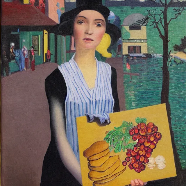 Image similar to tall emo female artist holding an artist's palette, pancakes, in chippendale sydney, gold bars, maple syrup, snails, berries, pigs, octopus, broomstick, acrylic on canvas, surrealist, by magritte and monet