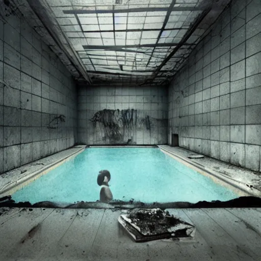 Prompt: photorealistic painting of abandoned liminal swimming pool scary, dark art, moody by Sean Yoro