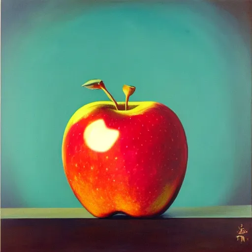 Prompt: a surrealistic painting of an apple surrounded by mirrors pointed at the apple