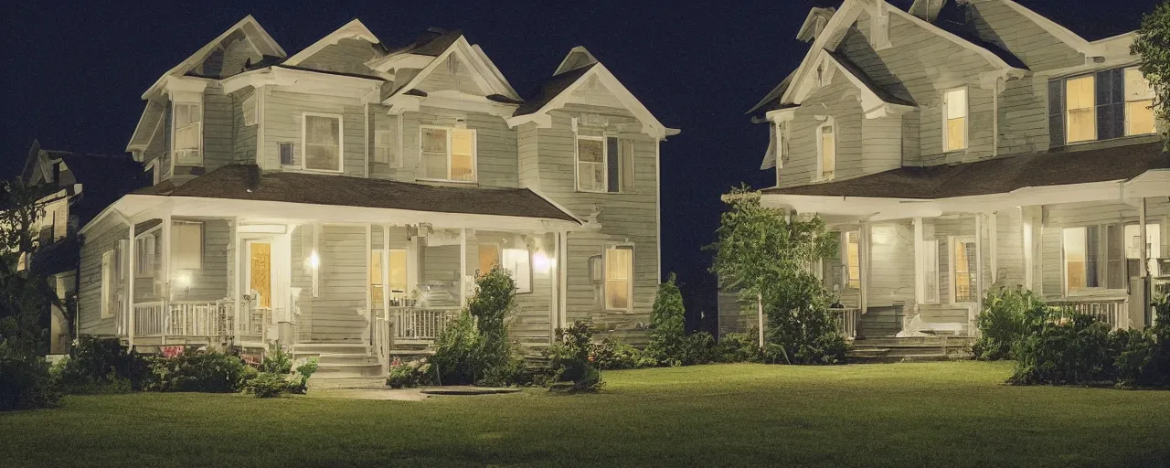 Image similar to a nostalgic photograph of a suburban home at night during summer, by closecore