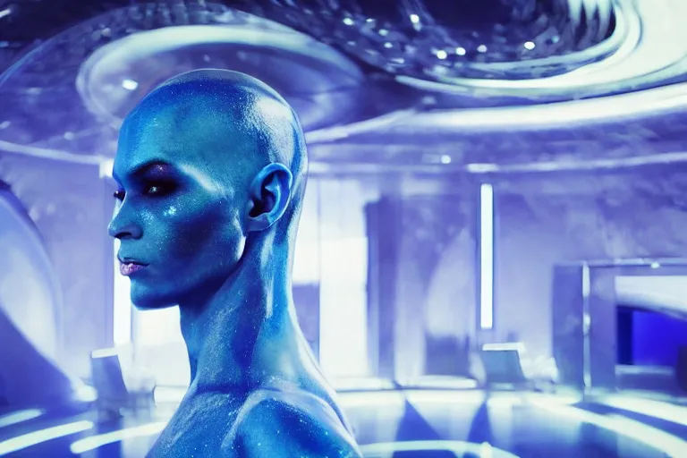 Image similar to vfx movie scene closeup portrait of beautiful blue body paint fit alien gorgeous man dancing in sleek futuristic decadent spaceship pillars, alien antenna, futuristic ballroom. big eyes, soft skin, giant windows view of earth obit. by emmanuel lubezki