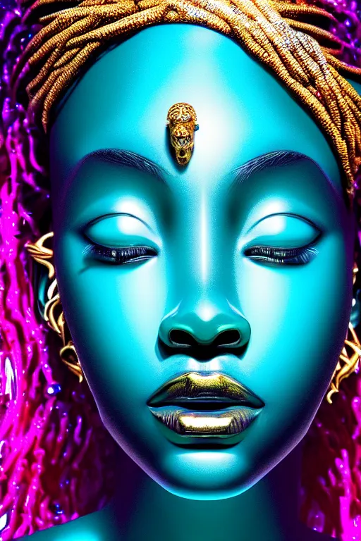 Image similar to hyperrealistic full body very expressive! translucent african goddess, cinematic underwater scene, gold jewerly, highly detailed face, digital art masterpiece, smooth eric zener cam de leon, dramatic pearlescent turquoise light on one side, low angle uhd 8 k, shallow depth of field