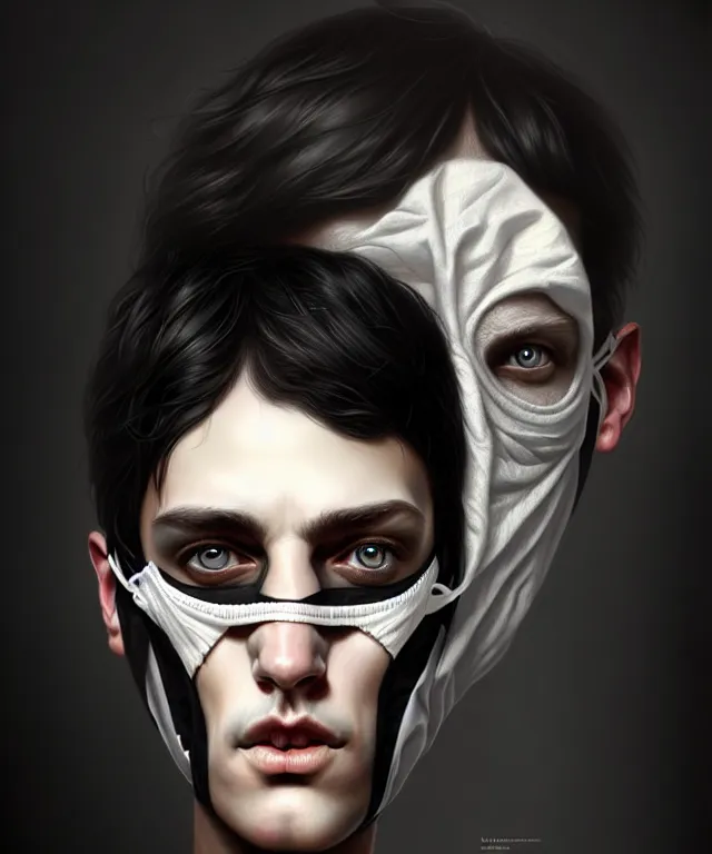 Image similar to white man with black fabric mask, short dark hair, highly detailed face!!!, true anatomy!, extremely detailed!, digital painting, unreal engine 5, art by tom bagshaw