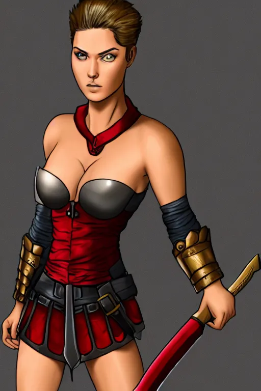 Prompt: realistic character portrait : female warrior, 2 7 years old. her face resembles jaimie alexander. her hair is short, straight, and raven black. she is fair - complected but tan. she is tall and gracile, except for her thick muscular arms and her ample bust. she wears sleeveless red & black practical leather armor with golden highlights that leaves only her muscular arms exposed.