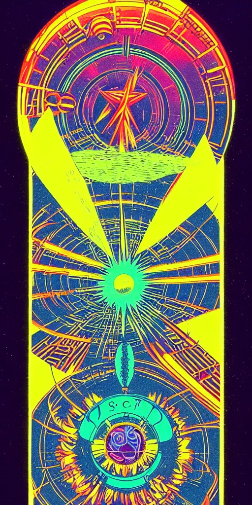 Image similar to 1968 science fiction tarot card, cut out collage, neon Aztec, spring on Saturn, epic theater, deep sea, mountain plants, drawings in part by moebius, part by Ernst Haekl, text by William S Boroughs,