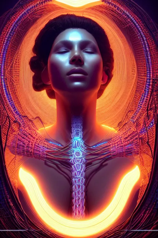 Prompt: a centered render of an alien bio - organic goddess adorned with cables and synthesizer parts is surrounded by sacred geometry, full body, gorgeous face, perfect face, powerful, cinematic, beautifully lit, by artgerm, by karol bak, 3 d, trending on artstation, octane render, 8 k